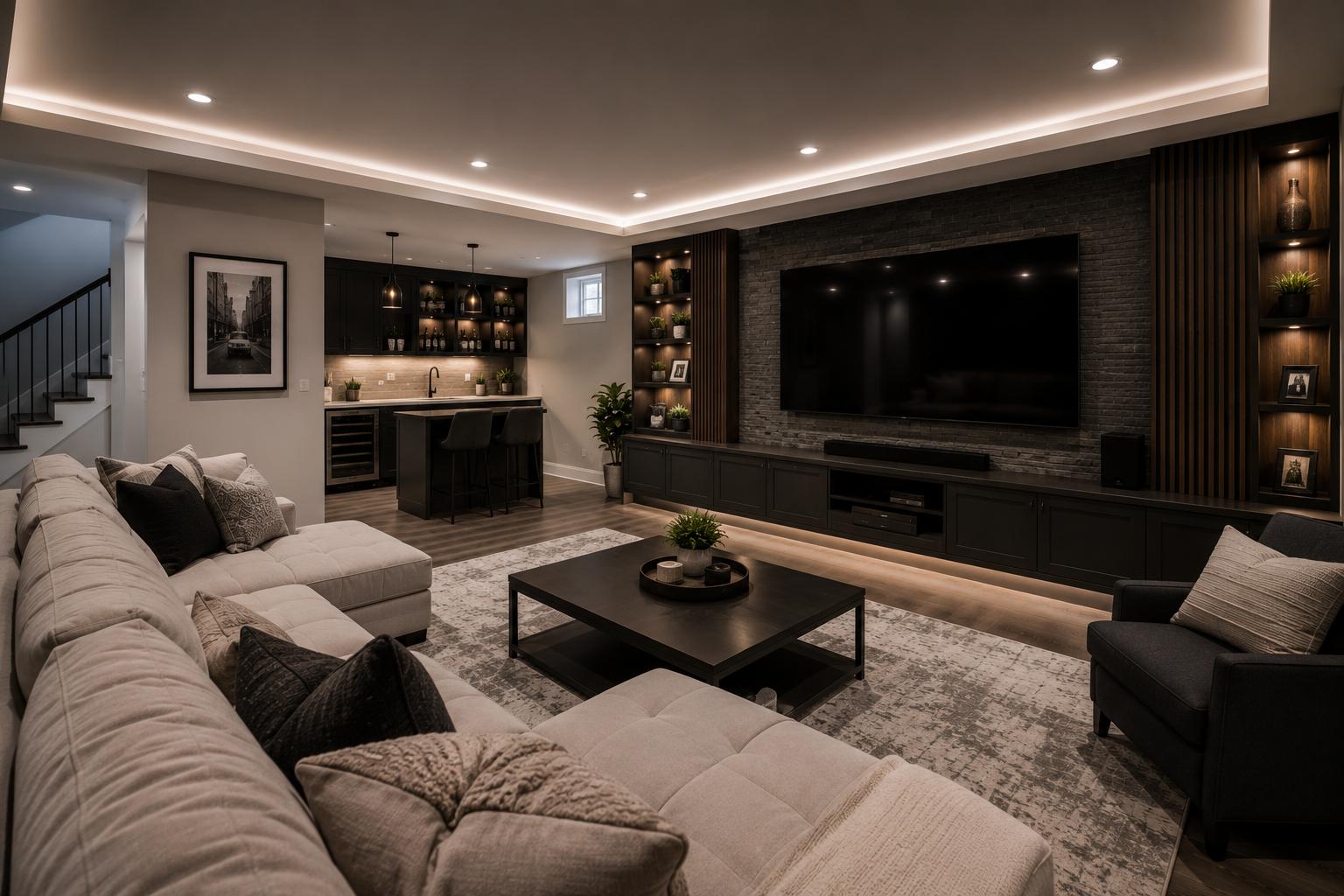 Finished basement entertainment room