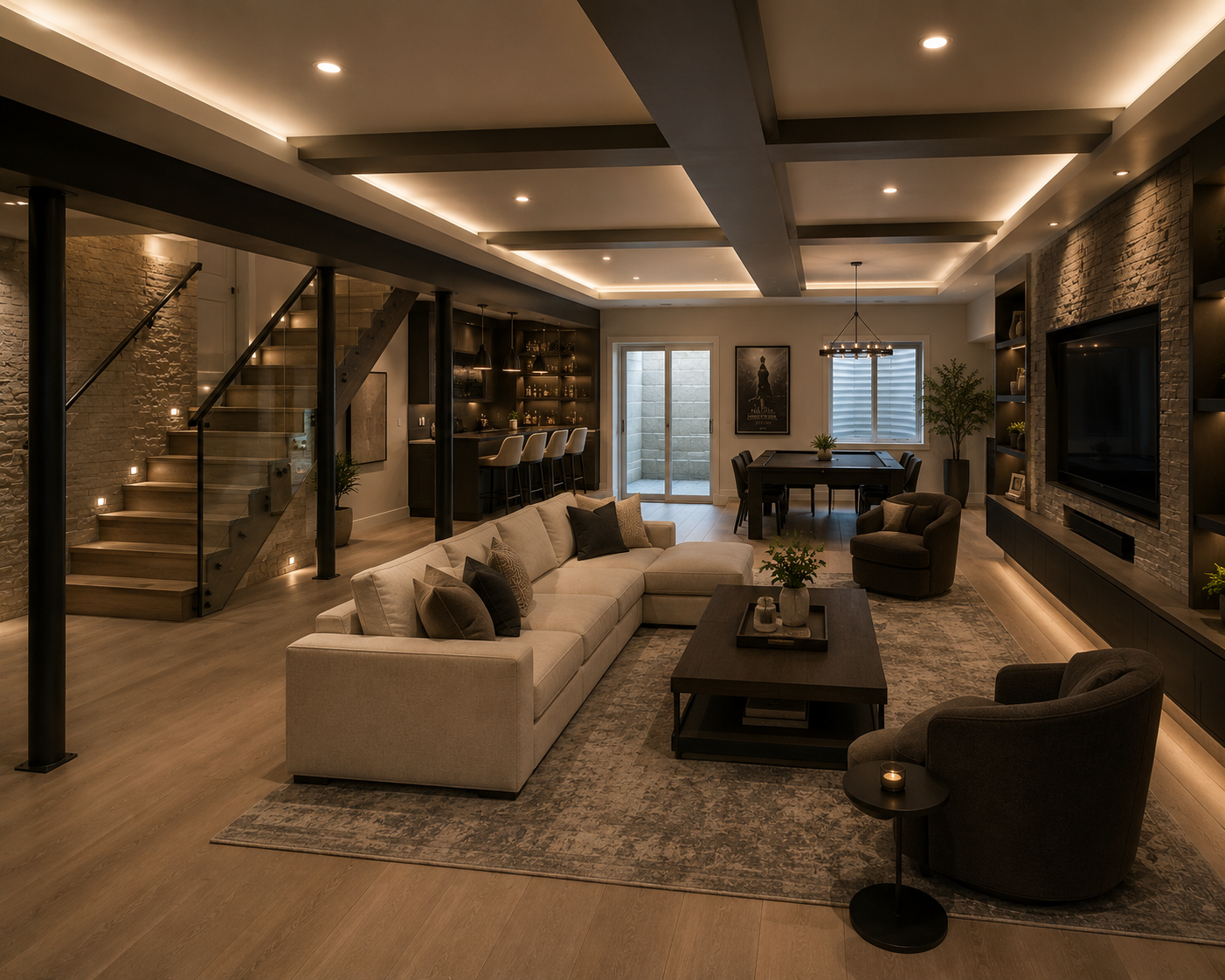 Finished basement living space in a Toronto home
