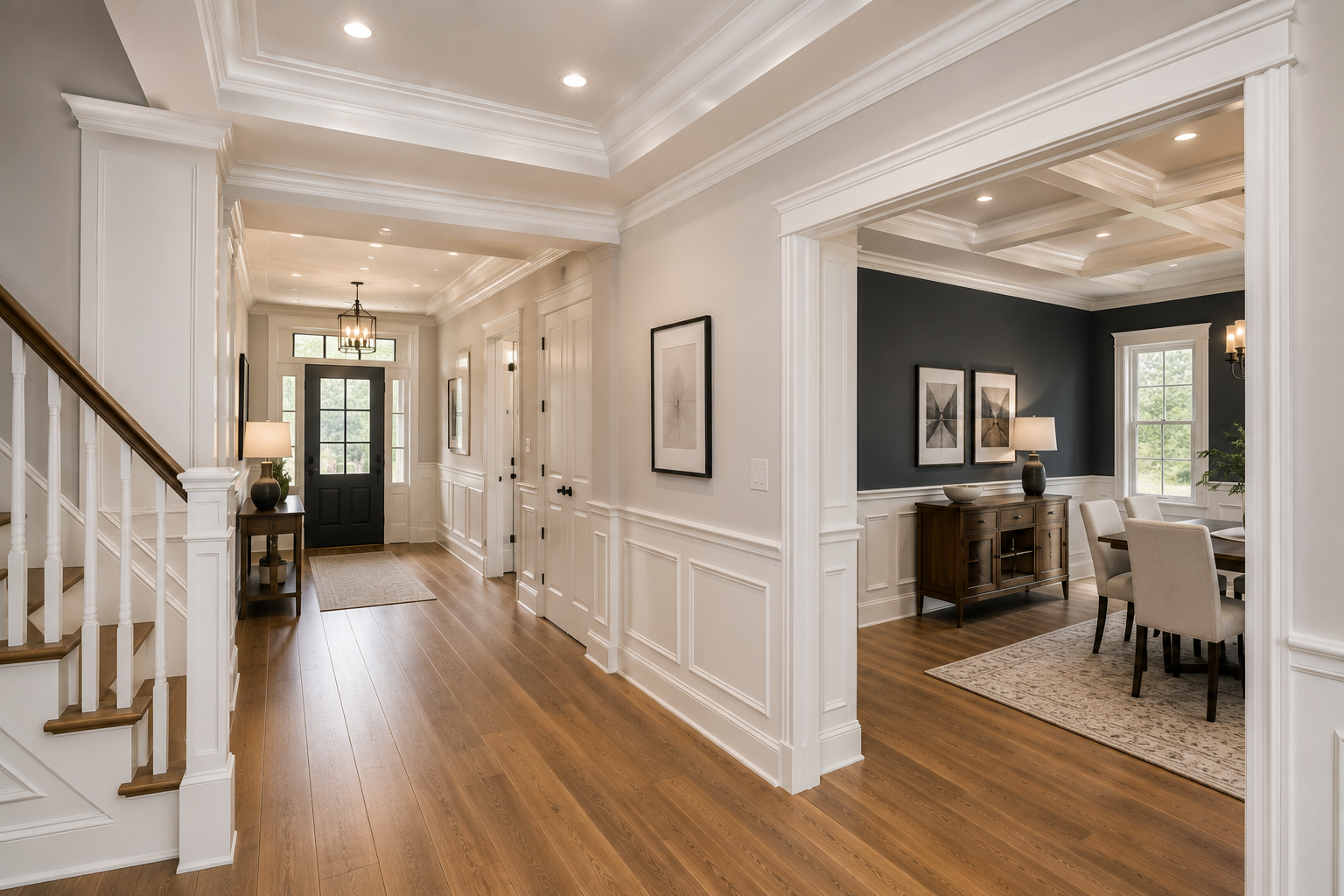 Professional trim and finish carpenter installing baseboards in a Toronto home